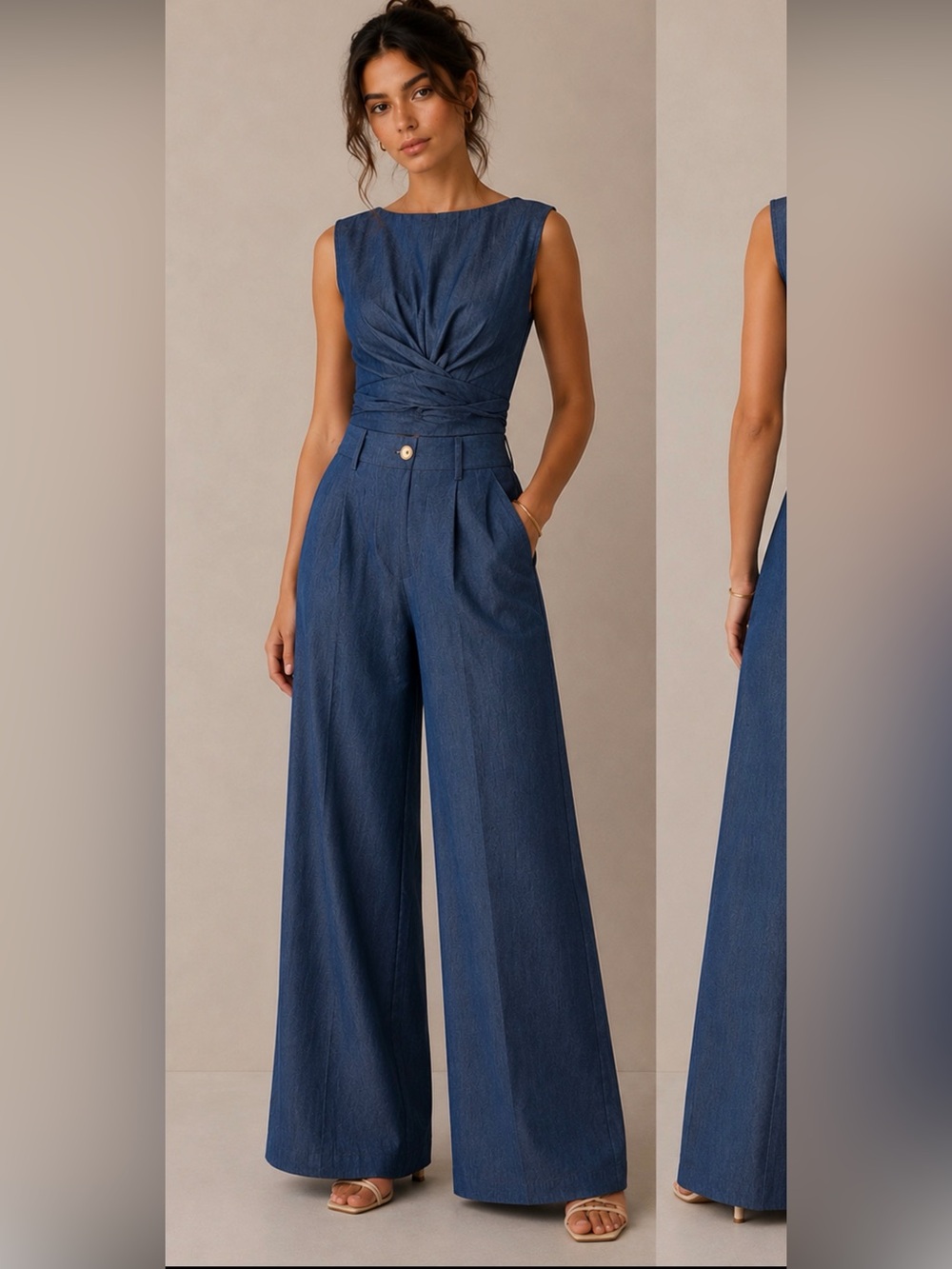 Commense Navy Blue Wide-Leg Jumpsuit with Twisted Bodice